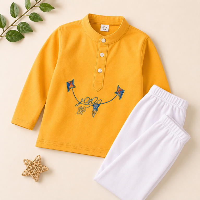 Ninos Boys Cotton Full Sleeves Festive Multidesign Party Kurta Pyjama Set- Mustard