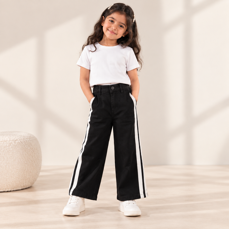 Black Wide-Leg Jeans for Girls with Side Stripes