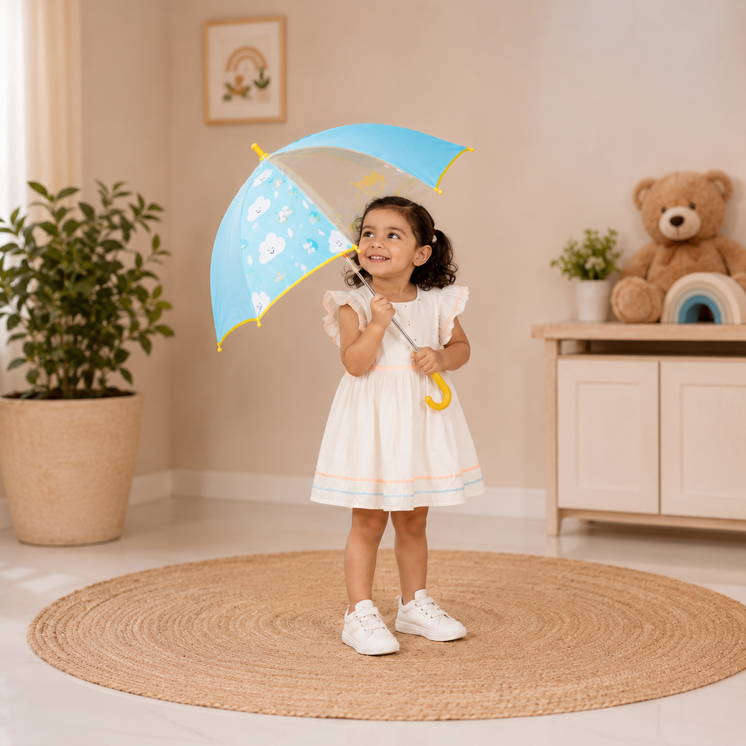 Kids Transparent Dome Umbrella with Cute Cloud Print | Blue &amp; Yellow Rain Umbrella