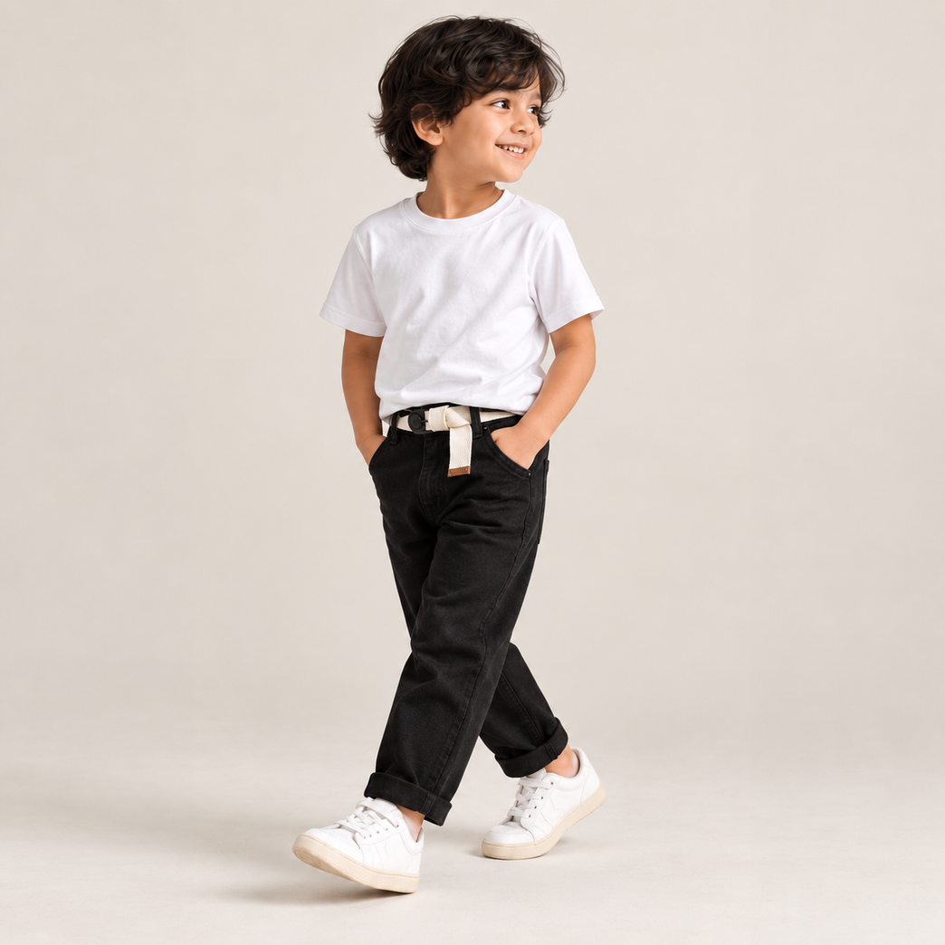 Black Denim Jeans for Boys with Belt | Regular Fit Kids Jeans