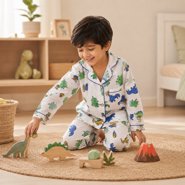 Dinosaur Print Cotton Night Suit Set with Full Sleeve Shirt &amp; Pajama | White