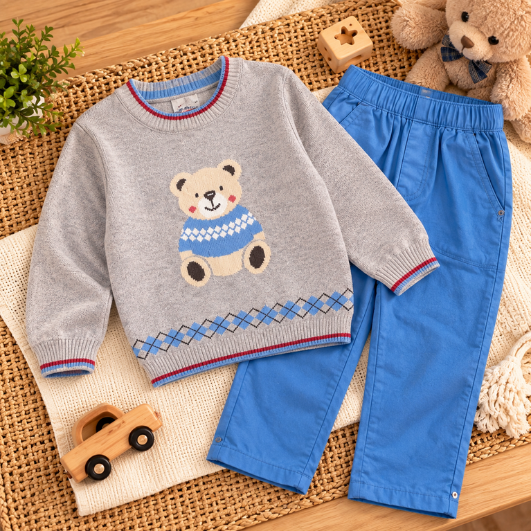 Grey Teddy Bear Sweater & Blue Pants Set for Boys | Cute Winter Kids Outfit