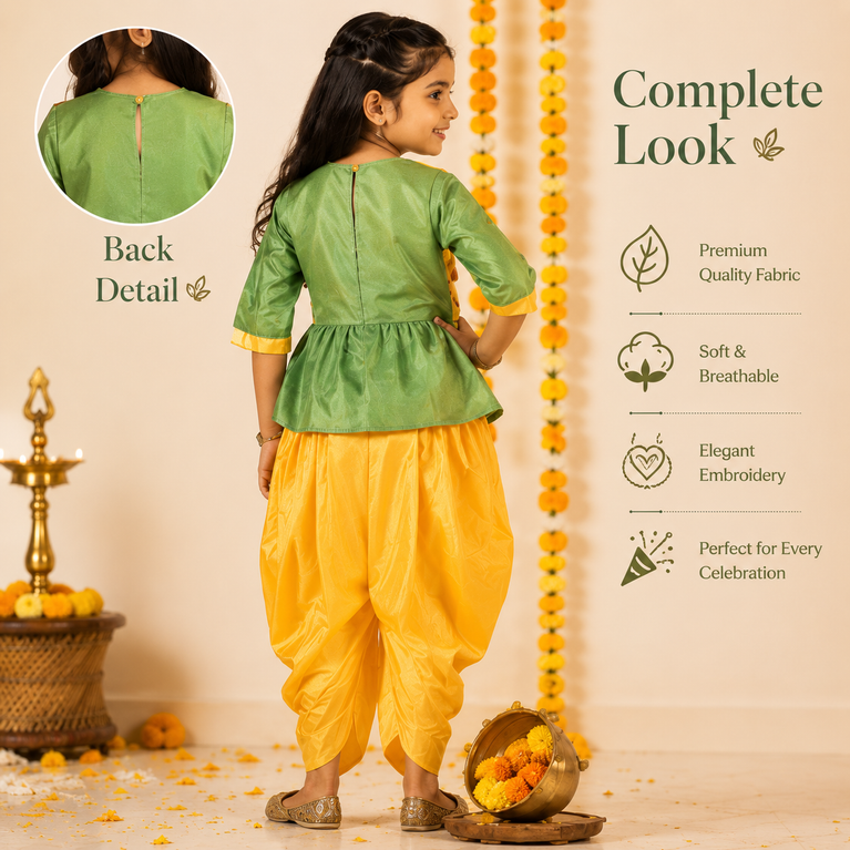 Girls Festive Dhoti Kurta Set with Embroidered Jacket – Traditional Ethnic Wear for Kids
