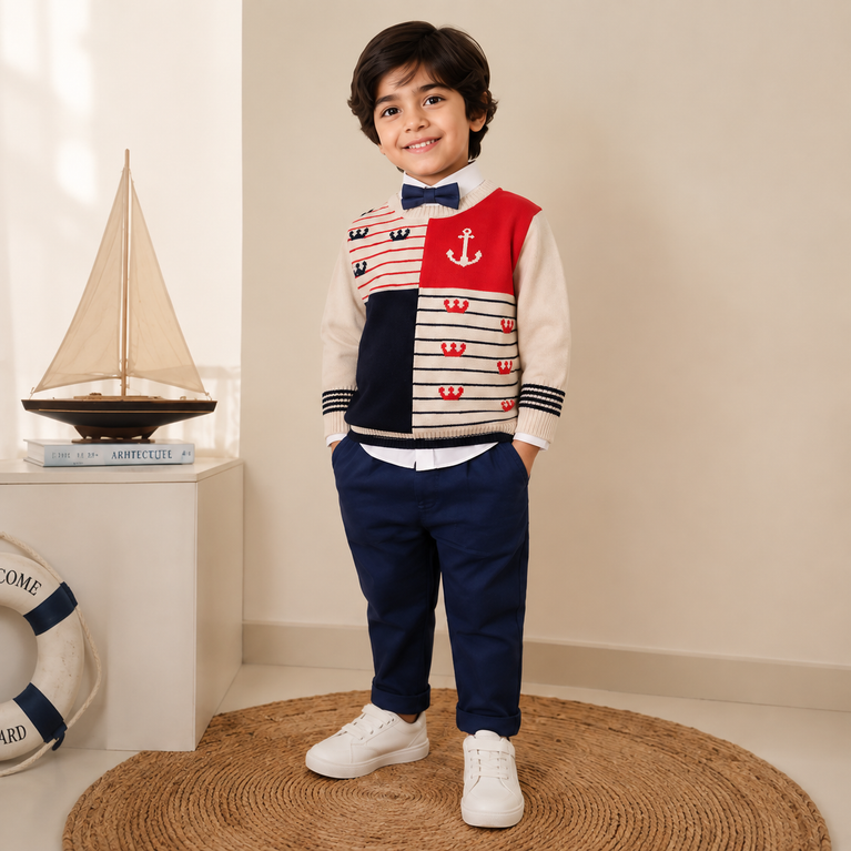 Nautical Sweater Set with Bow Tie & Trousers