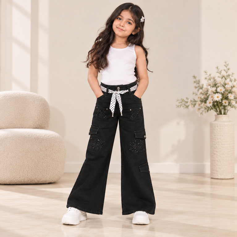 Black Cargo Jeans for Girls with Stud Details & Belt| 6-7 years