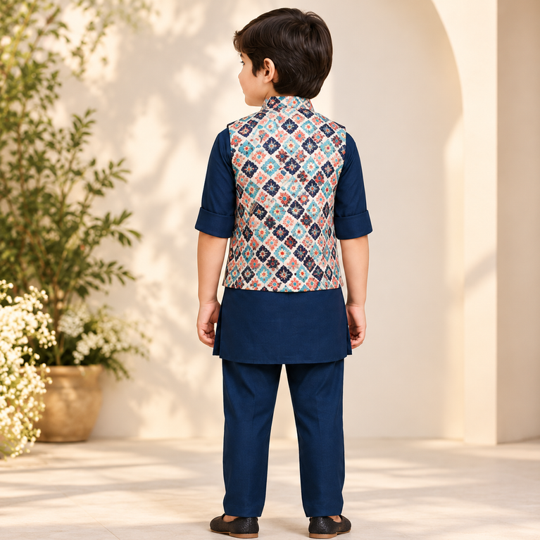 Aagam Full Sleeves Solid Kurta Pyjama Set with Printed Jacket - Navy Blue