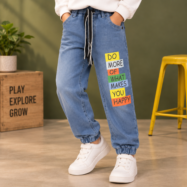 Light Blue Printed Jogger Jeans with Drawstring | Kids Denim Joggers