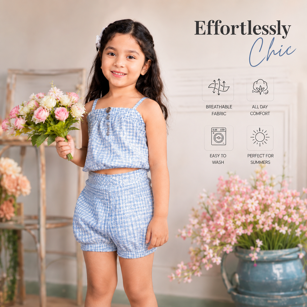 Sky Blue Smocked Crop Top & Elastic Waist Shorts Co-Ord Set