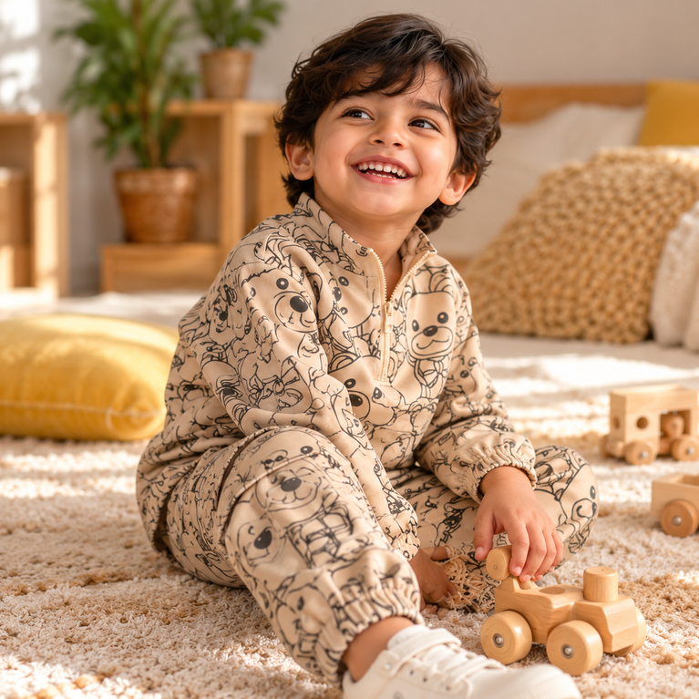 Teddy Bear Printed Co-Ord Set | Full-Sleeve Jacket & Cargo Pants