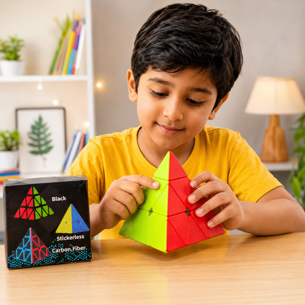Carbon Fiber Pyraminx Speed Cube Puzzle | Smooth Rotating Pyramid Brain Teaser | Educational STEM Toy for Children (Multicolor)