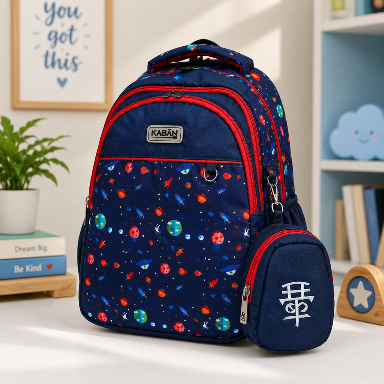 Space Print School Backpack with Padded Straps, Multiple Compartments &amp; Side Pockets | Navy Blue &amp; Red