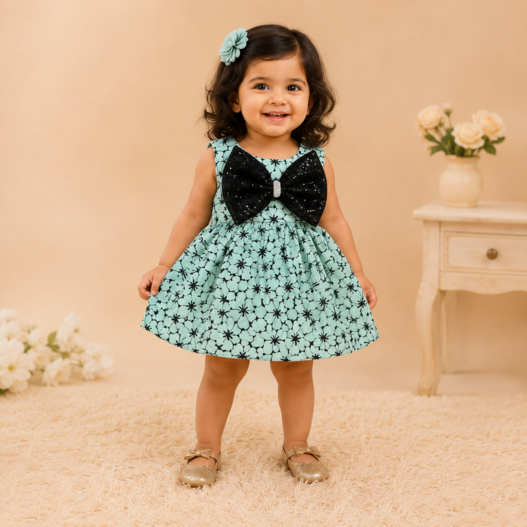 Mint Green Floral Party Dress with Black Sequin Bow | Kids Festive & Birthday Dress