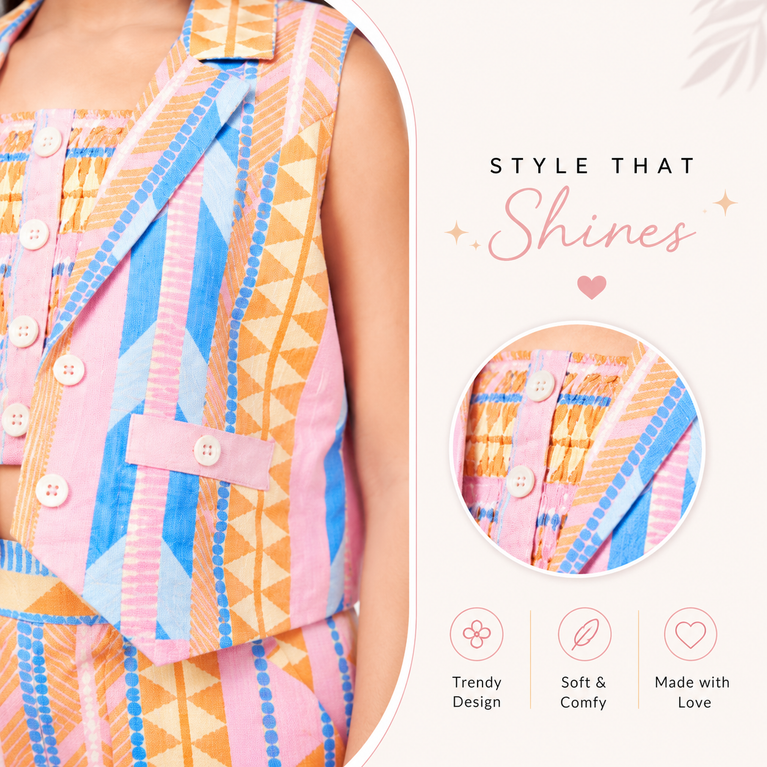 Pastel Geometric Crop Top, Vest Jacket & Wide-Leg Palazzo Pants Co-Ord Set