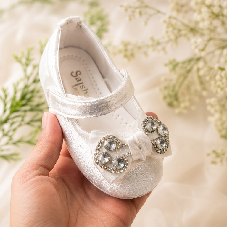 Girls' Pearl White Party Ballet Flats with Rhinestone Bow &amp; Adjustable Strap