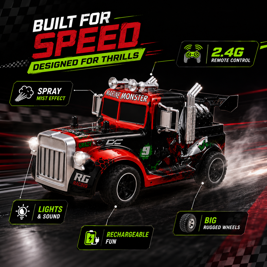 Hornet RC Spray Light Truck with 2.4GHz Remote Control, LED Lights &amp; Mist Spray – Rechargeable Racing Toy for Kids