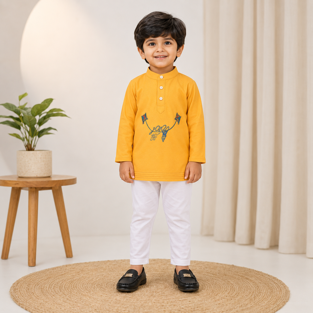 Ninos Boys Cotton Full Sleeves Festive Multidesign Party Kurta Pyjama Set- Mustard