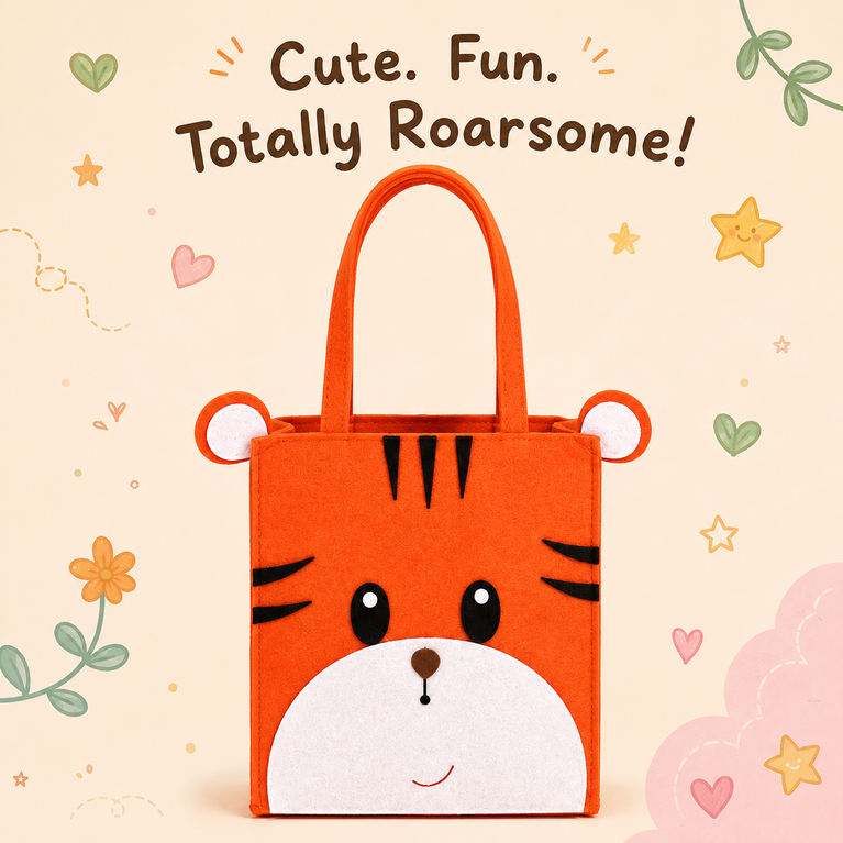 Tiger Face Felt Kids Tote Bag | Cute Reusable Storage & Gift Bag for Kids