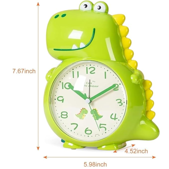 nino's Dinosaur Alarm Clock for Kids, Non-Ticking Analog Battery Operated Dino Gifts for Toddler Boys Adult Bedroom Decor(Green Dinosaur)