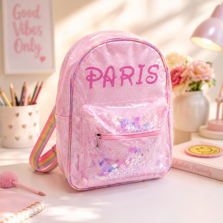 Girls Glitter Transparent Backpack with Sequin Pocket &amp; Rainbow Adjustable Straps