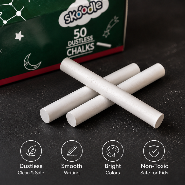Skoodle Dustless White Chalks for Kids & Classrooms – Set of 50 Smooth Writing Chalk Sticks, Low Dust Formula for School, Home & Art Activities