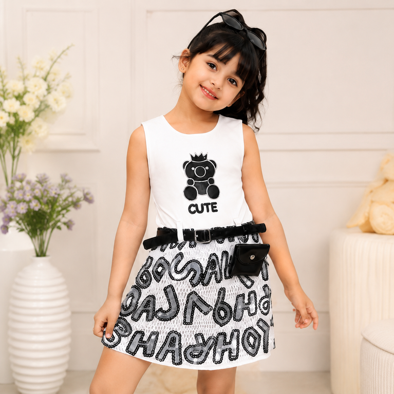 Girls White Teddy Graphic Dress with Black Jacket