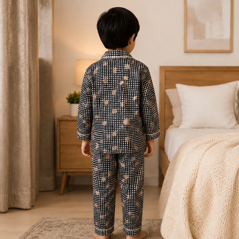 DOREME Kids Premium Cotton Teddy Bear Checkered Night Suit Set | Full Sleeve Shirt &amp; Pajama Sleepwear for Boys &amp; Girls