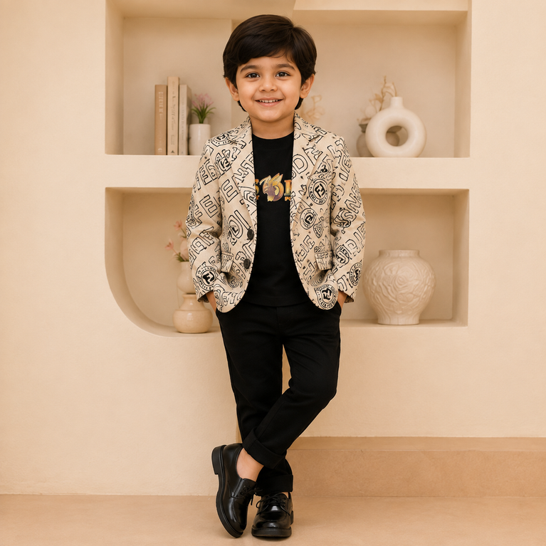 Printed Blazer with Black Graphic T-Shirt | Stylish Party Wear Set for Kids