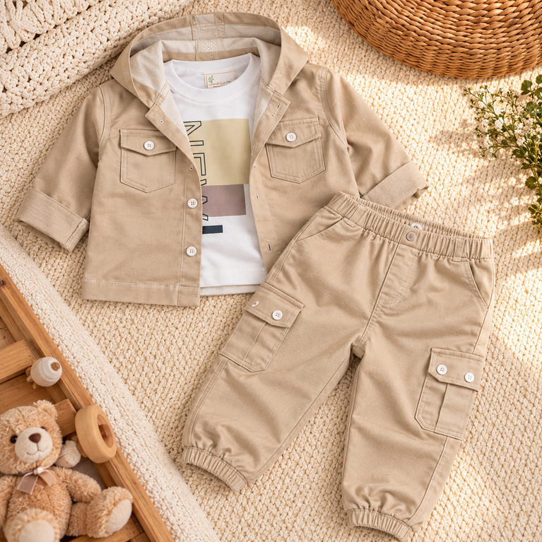 Beige Kids Cargo Jacket & Jogger Set | Stylish Casual Outfit for Boys