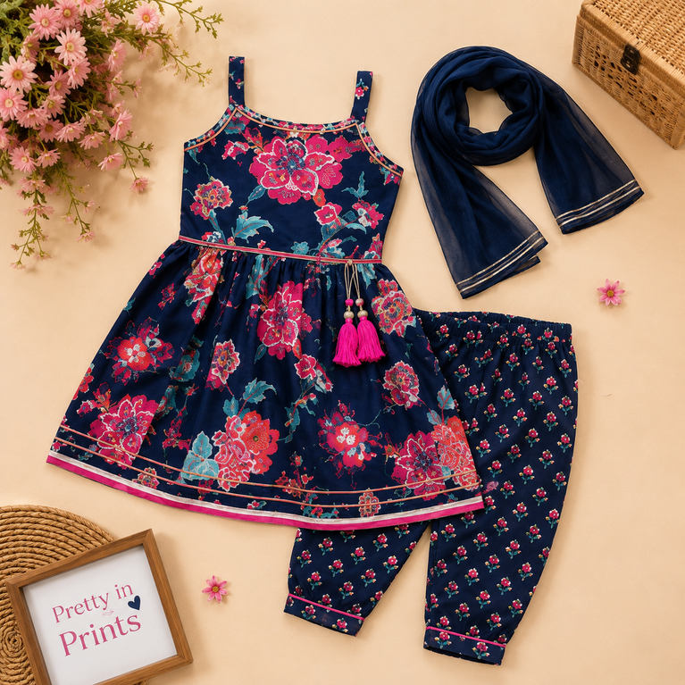 Navy Blue Floral Printed Kurti with Dhoti Pants &amp; Dupatta Set | Kids Ethnic Festive Wear | Traditional Co-ord Outfit