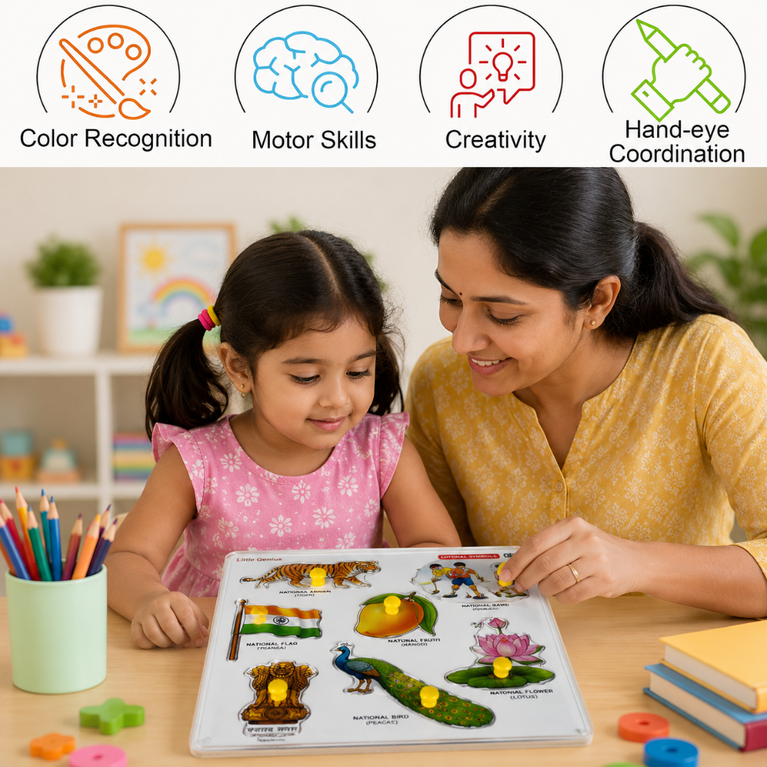 India National Symbols Wooden Puzzle Board for Kids | Educational Learning Toy for Preschool & Kindergarten