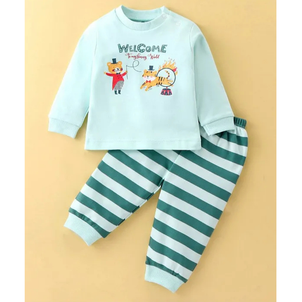 Kids Interlock Knit Full Sleeves Animal Printed T-Shirt With Striped Lounge Pants Set