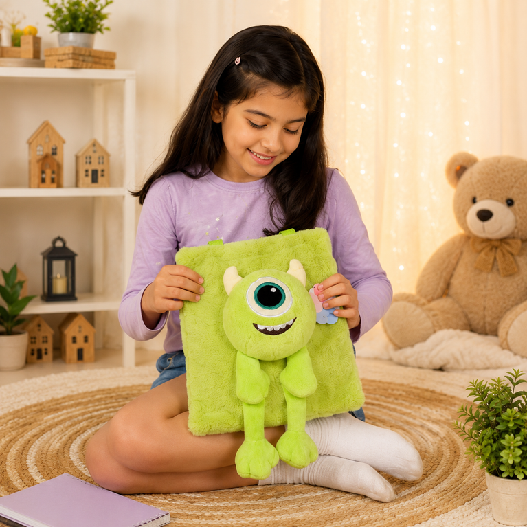 Plush Monster Tote Bag for Kids | Soft Furry Shoulder Bag with 3D Cartoon Plush Toy (Green)