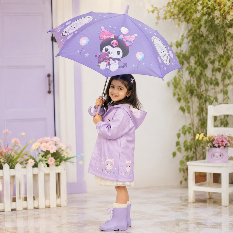 Kids Purple Cartoon Print Umbrella | Cute Lightweight Rain Umbrella with Curved Handle