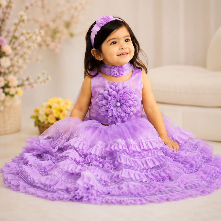 Lavender Floral Lehenga Choli Set with Layered Ruffle Skirt & Net Dupatta