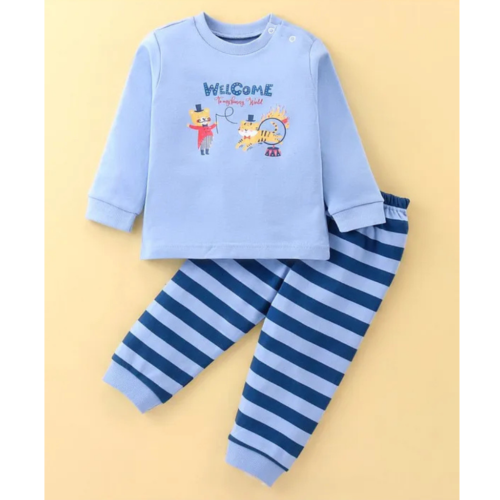 Kids Interlock Knit Full Sleeves Animal Printed T-Shirt With Striped Lounge Pants Set