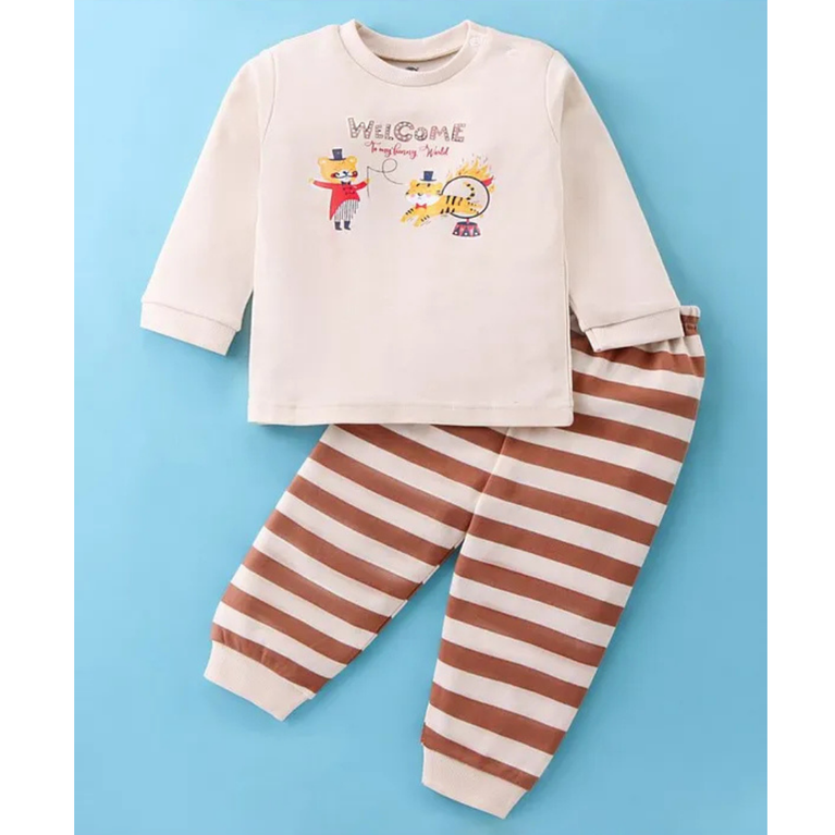 Kids Interlock Knit Full Sleeves Animal Printed T-Shirt With Striped Lounge Pants Set