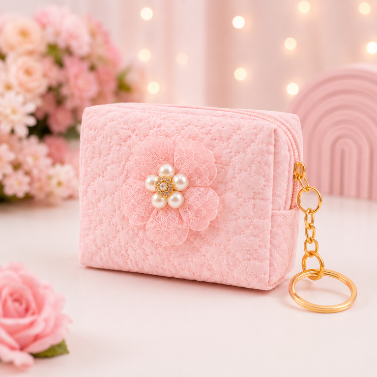 Floral Quilted Coin Purse Girls | Mini Zipper Wallet with Pearl Flower Charm, Keychain Ring | Cute Cash, Coin & Earbuds Pouch (Multi-Color)