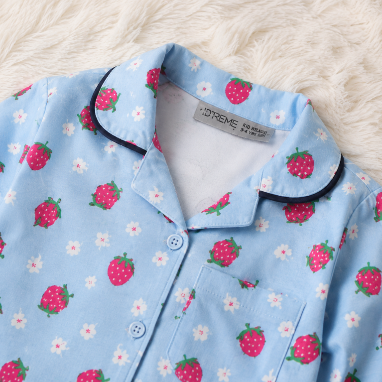 DOREME Girls Strawberry Print Cotton Night Suit Set | Soft Full Sleeve Kids Pyjama Set for Girls | Comfortable Sleepwear &amp; Loungewear