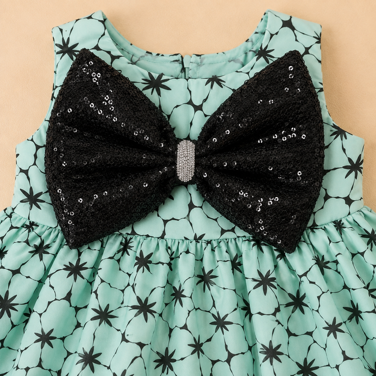 Mint Green Floral Party Dress with Black Sequin Bow | Kids Festive & Birthday Dress