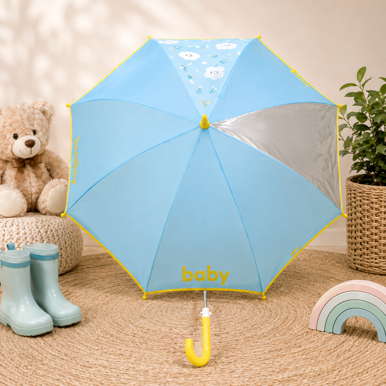 Kids Transparent Dome Umbrella with Cute Cloud Print | Blue &amp; Yellow Rain Umbrella