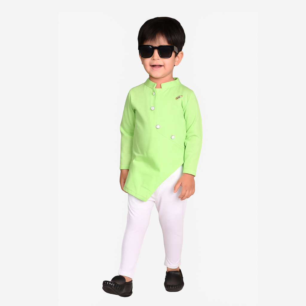 Ninos Boys Cotton Full Sleeves Festive Multidesign Party Kurta Pyjama Set- L Green