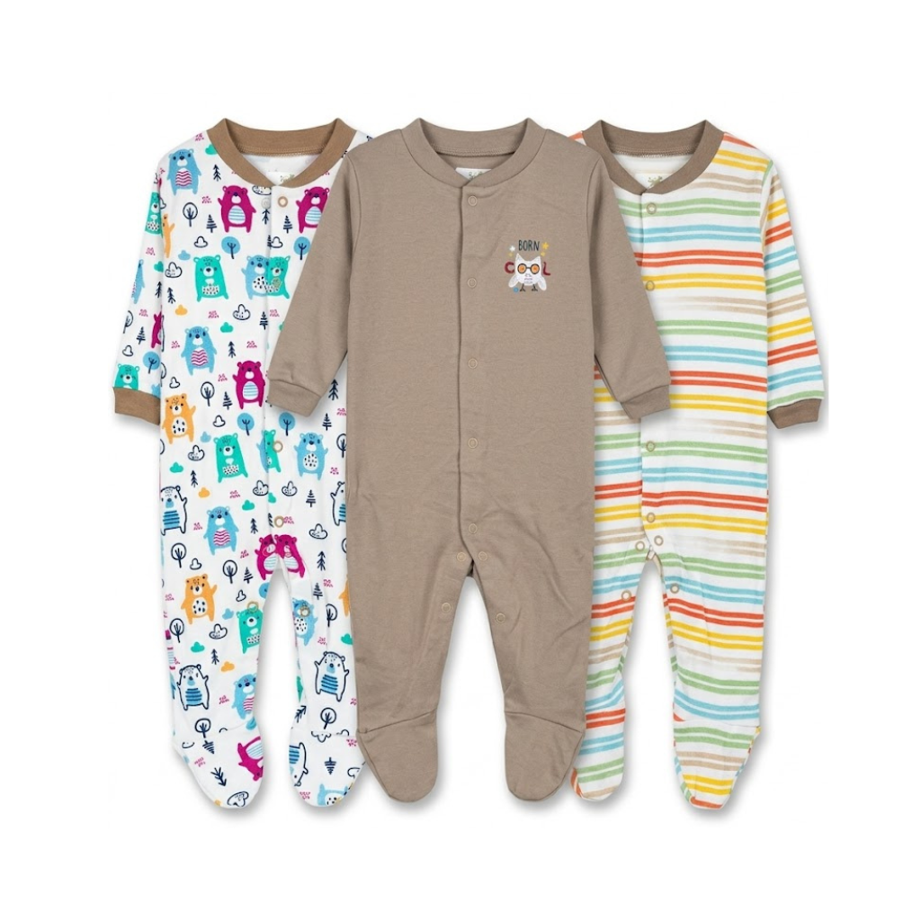 Ninos Worlds Interlock Knit Full Sleeves Footed Sleep Suits With Print & Patch Pack of 3 - Multicolor