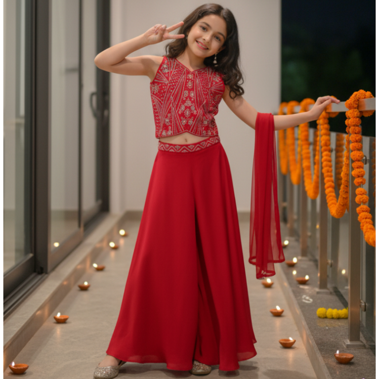 Girls Festive Pink Palazzo Set – Silk Blend Embroidered Top with Dupatta
