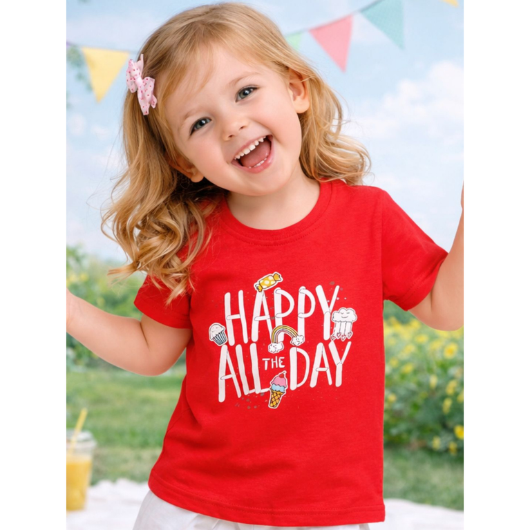 Ninos 100% Cotton Knit Half Sleeves "Happy all the Day" Printed Coordinating Tee & Shorts Set for Girls