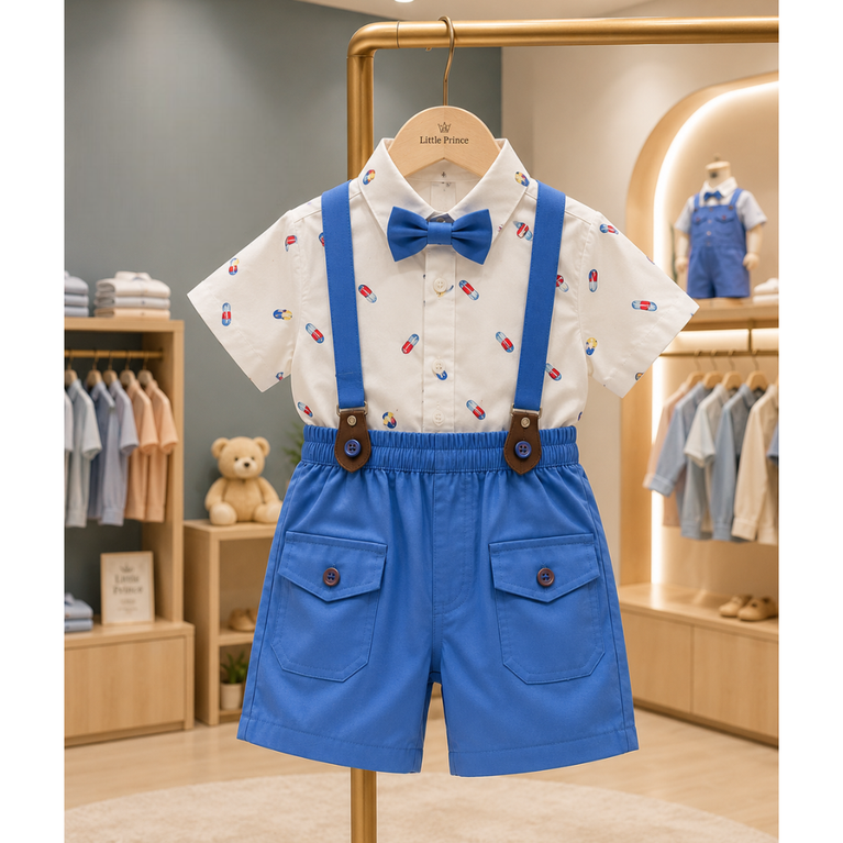 Kids Summer Printed Shirt Shorts Set with Suspenders Bow Tie Outfit
