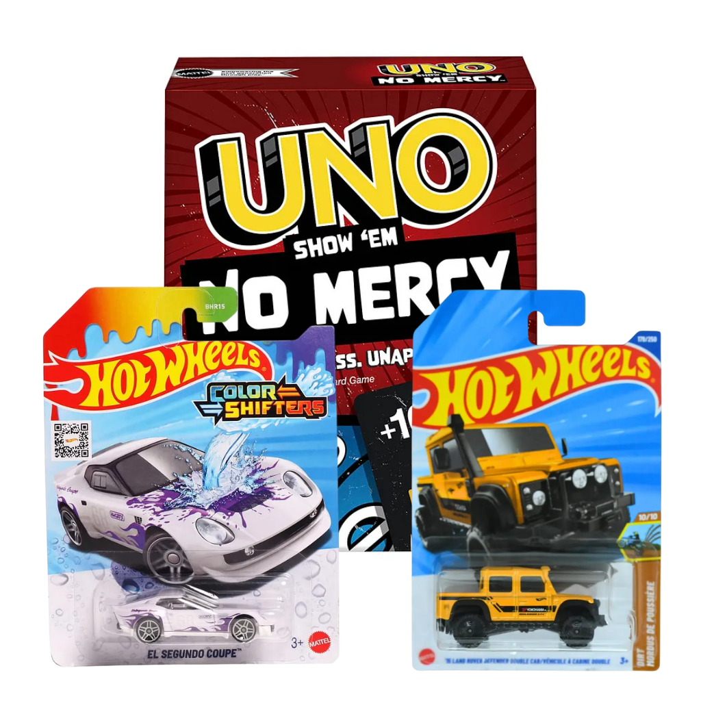 Hot Wheels- El Segundo Coupe (Color Shifters), Hot Wheels Land Rover Defender Double Cab, UNO No Mercy Card Game