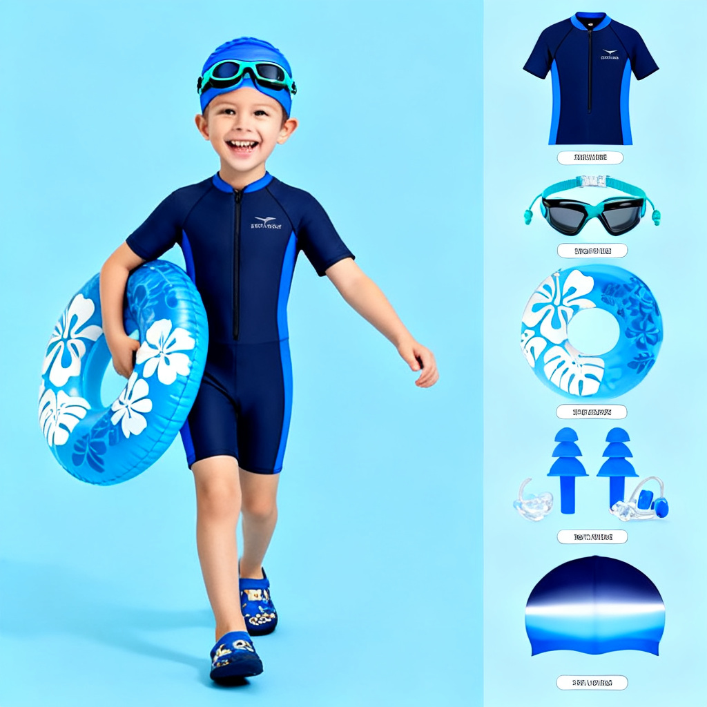 Kids Swimming Goggles Set with Swim Costume Cap Earplugs & Float Ring Complete Pool Kit for Boys
