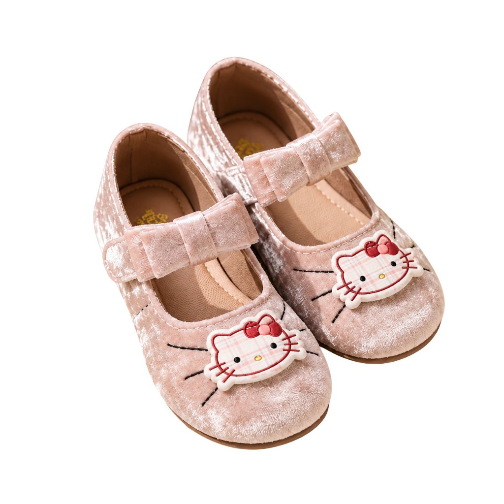 Girls' Velvet Ballerina Shoes with Bow, Cute Cartoon Embellishment and Adjustable Strap, Mary Jane Style