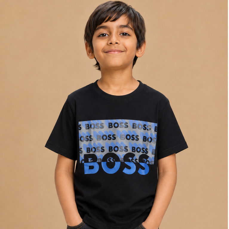 BOSS- Kids Cotton Knit Half Sleeves Crew Neck T-Shirt with Boss Text Print , 2-11 years