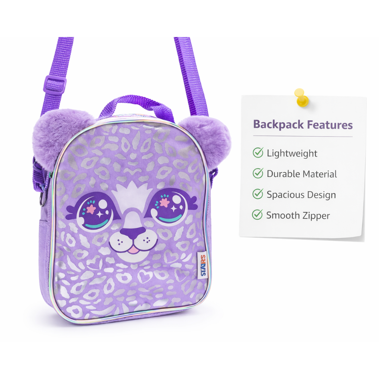 Kids Cute Cartoon Leopard Design Crossbody Bag, Purple